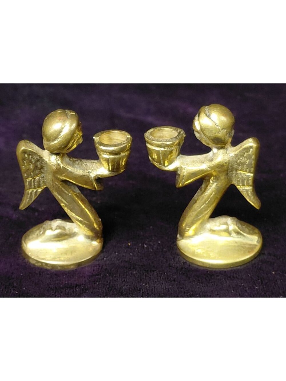 Pair Brass Miniature Angel Candle Holders Pair Wings - 1.75 Inches Tall